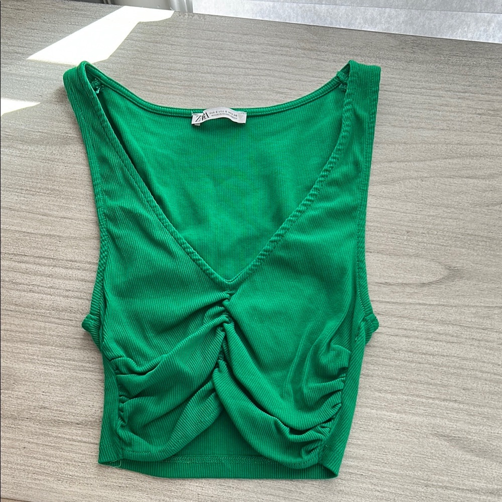 Zara Green Ruched Crop Tank Top